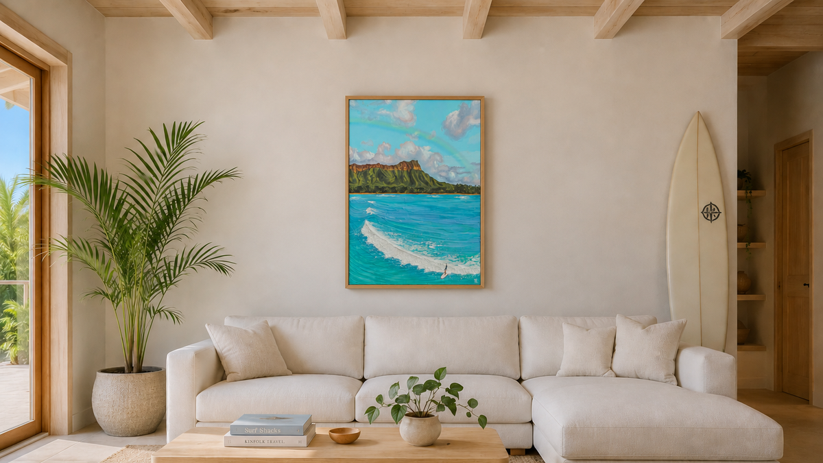 Original painting by Rachel Lynn, Diamond Head Dreams, in modern coastal beachy living room