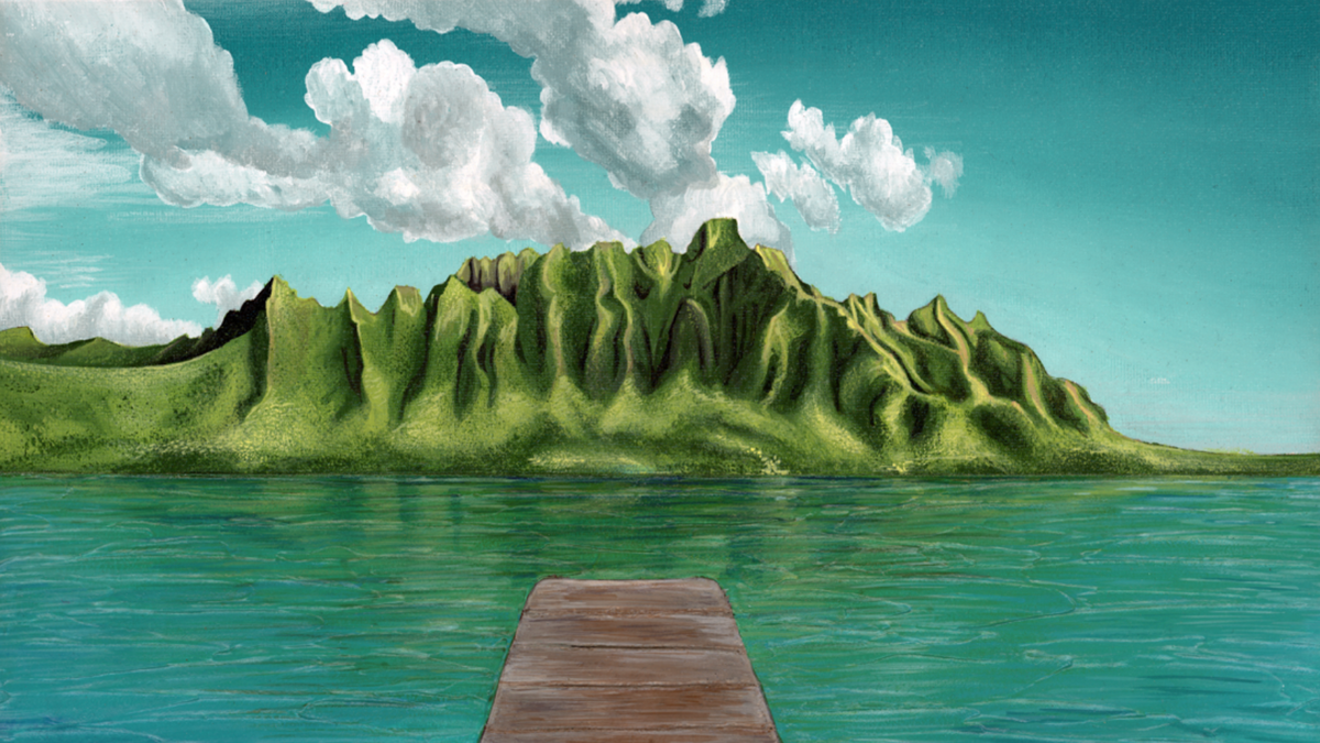 Kualoa Pier, original mixed media painting by Rachel Lynn of O'ahu Hawai'i